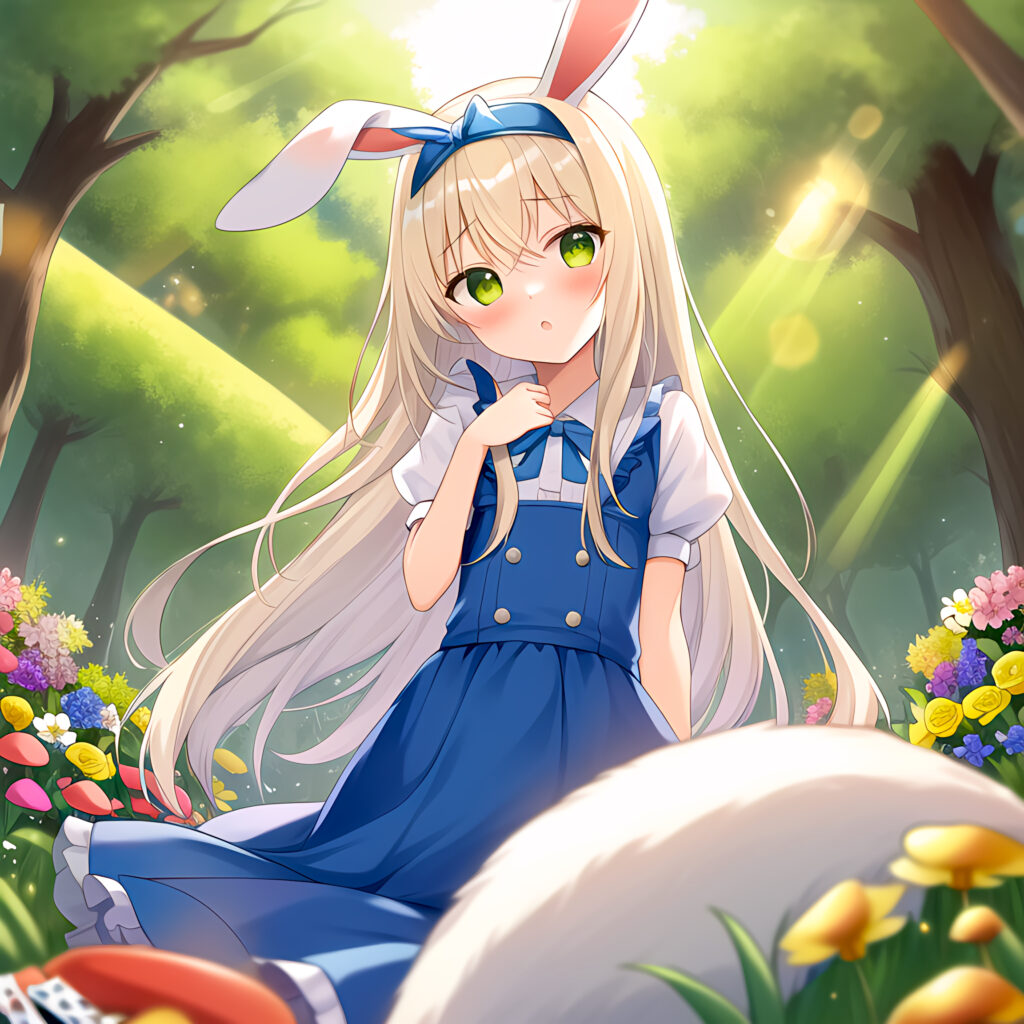 Cute Anime Girl with Bunny Ears in a Colorful Forest Wallpaper