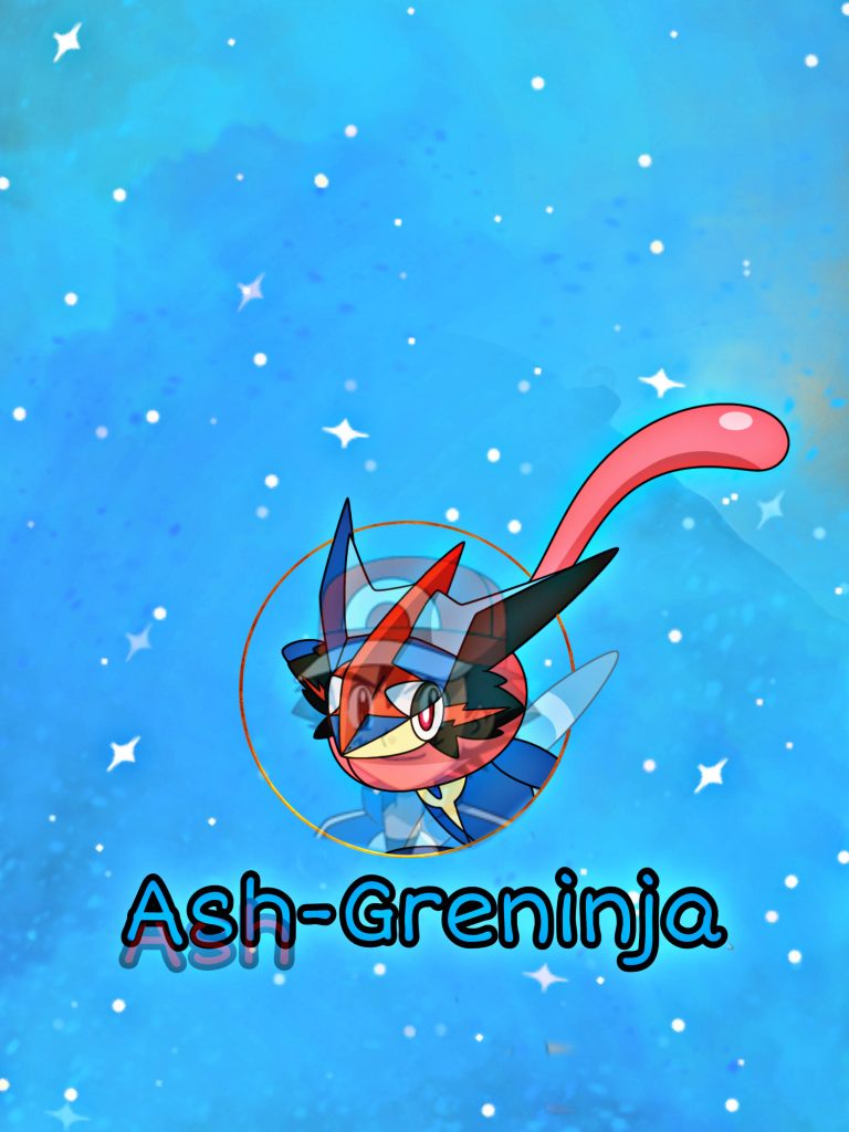 Chibi Ash-Greninja Pokémon digital illustration with sparkling blue cosmic background wallpaper