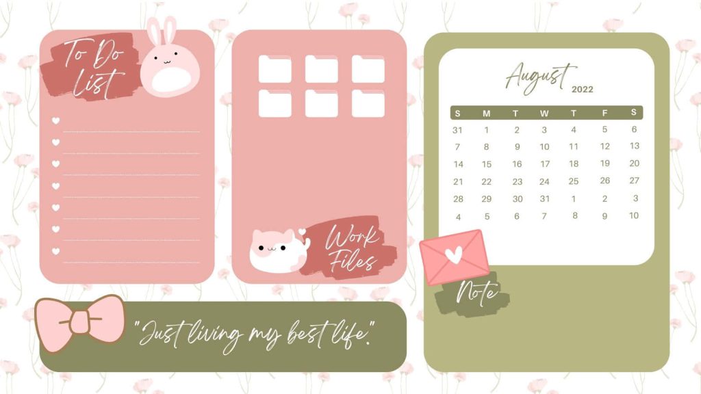 August 2022 desktop organizer wallpaper with floral background kawaii bunny cat pastel design