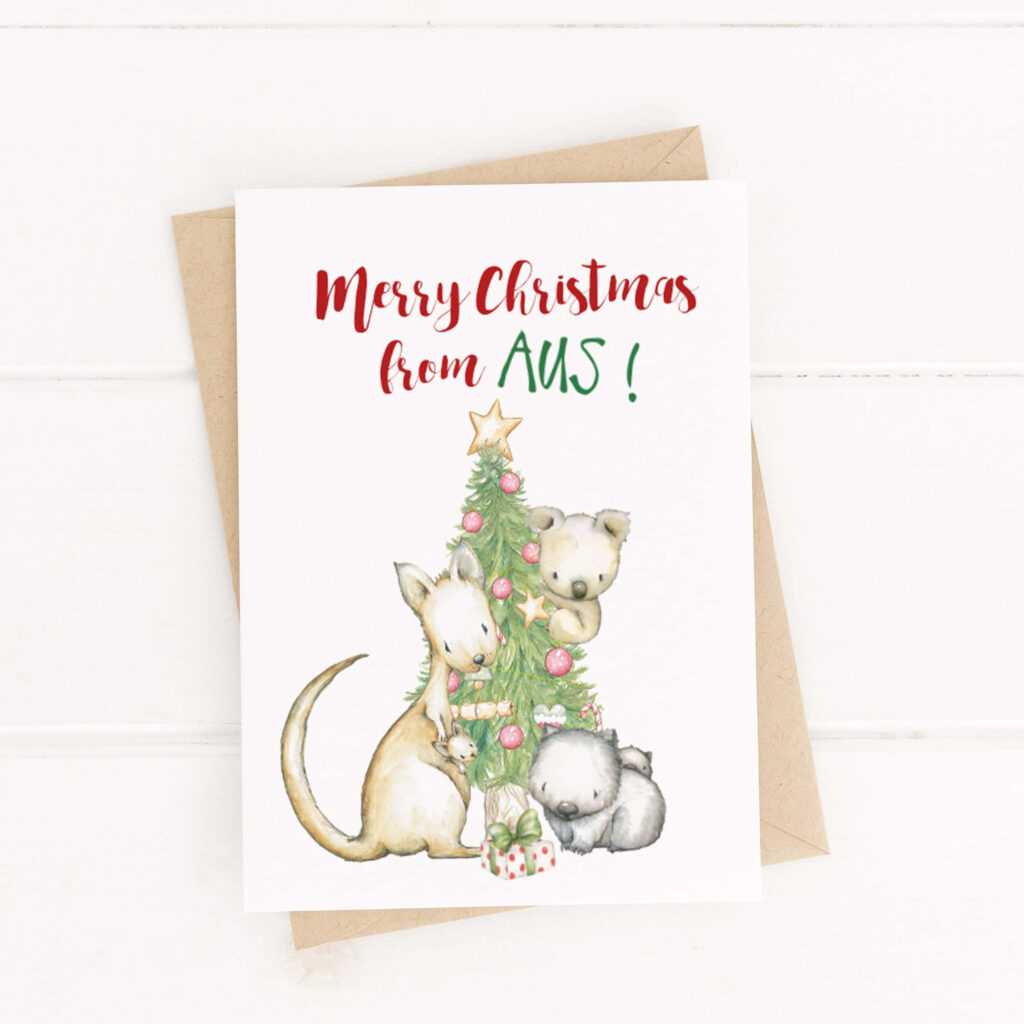 Charming Aussie Christmas Card: Kangaroo, Koala & Wombat Festivities Wallpaper