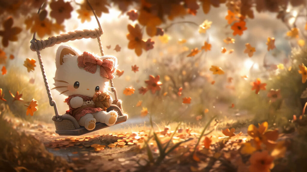 Cute Character on Swing in Cozy Autumn Scene with Falling Leaves Wallpaper