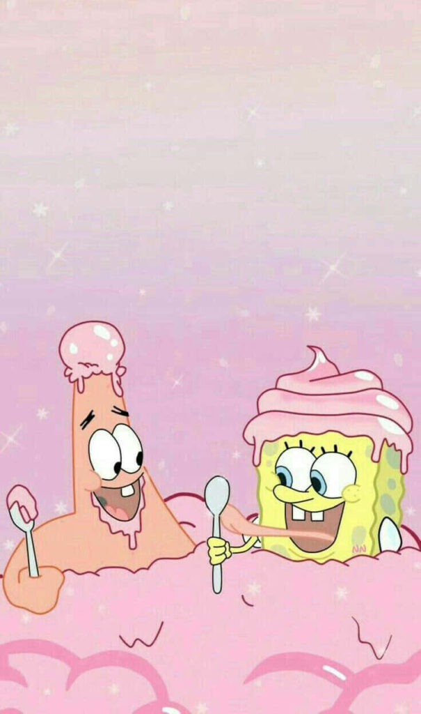 Sweet Adventure: Spongebob and Patrick Indulge in Pink Ice Cream Delight Wallpaper