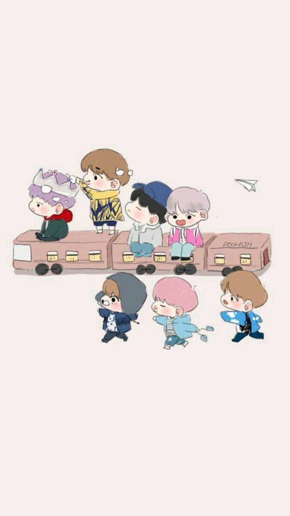 BTS chibi anime wallpaper pastel colors cute cartoon seven members playful train background