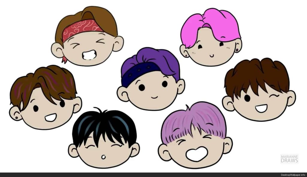 Cute BTS cartoon wallpaper with seven chibi heads on white minimalist background digital art