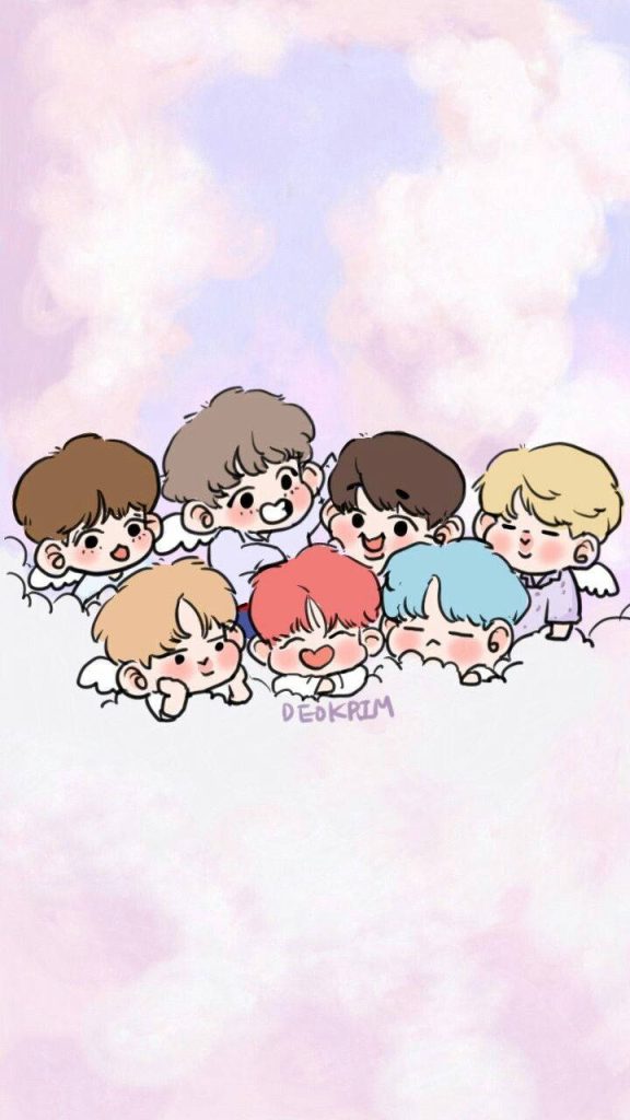 BTS chibi angels cartoon wallpaper pastel pink clouds cute ARMY background soft aesthetic