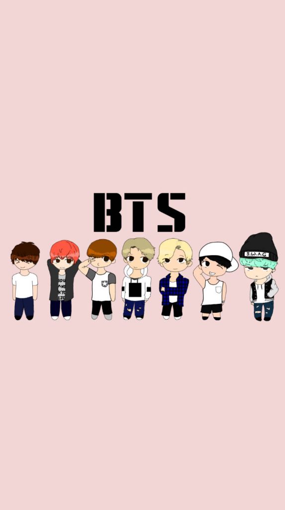 BTS chibi wallpaper with seven adorable cartoon members on pastel pink background for Kpop fans