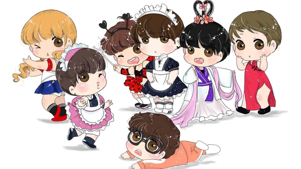 Cute BTS chibi wallpaper with all seven members in colorful playful costumes on white background