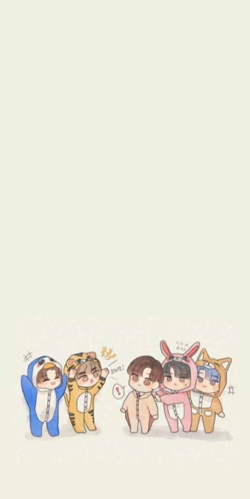 Charming BTS chibi cartoon wallpaper with five members in pastel animal onesies tiger rabbit design