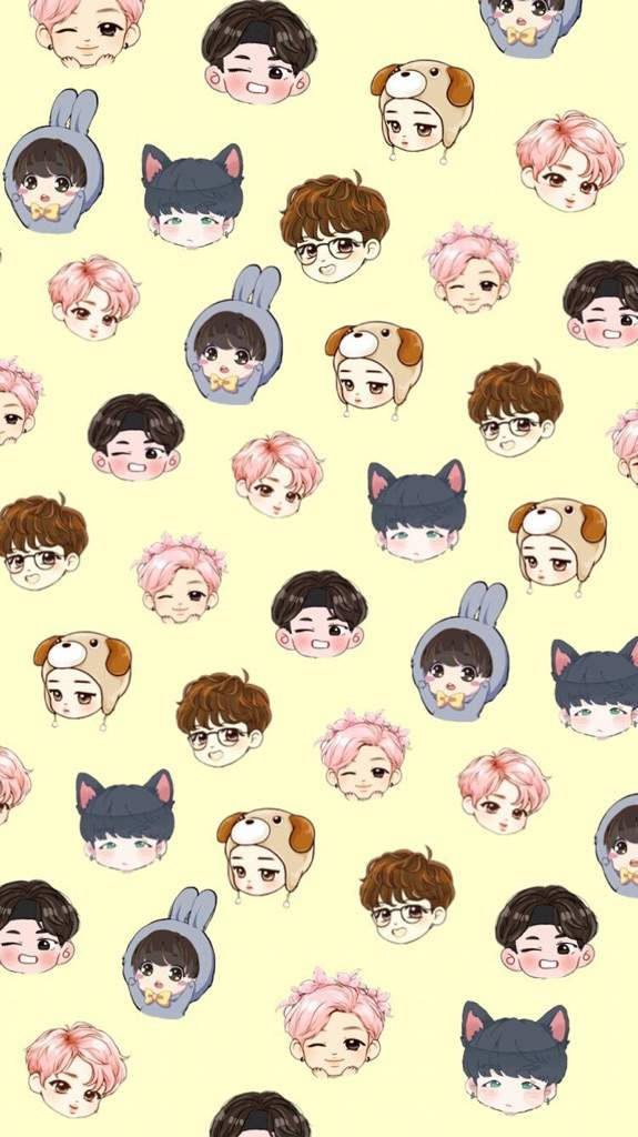 Cute BTS chibi cartoon wallpaper with members in animal hats on soft yellow background
