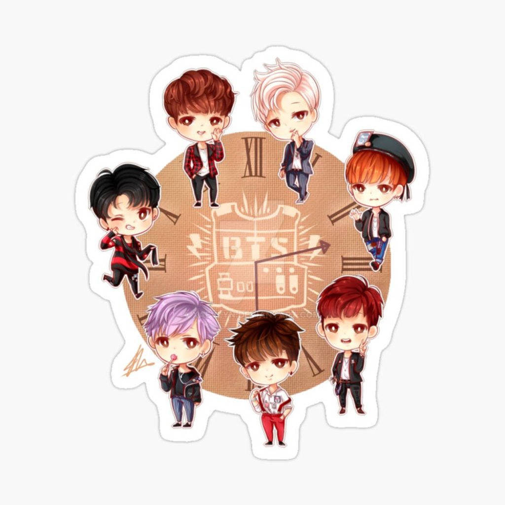 Chibi BTS wallpaper with seven members around vintage clock and iconic BTS logo background