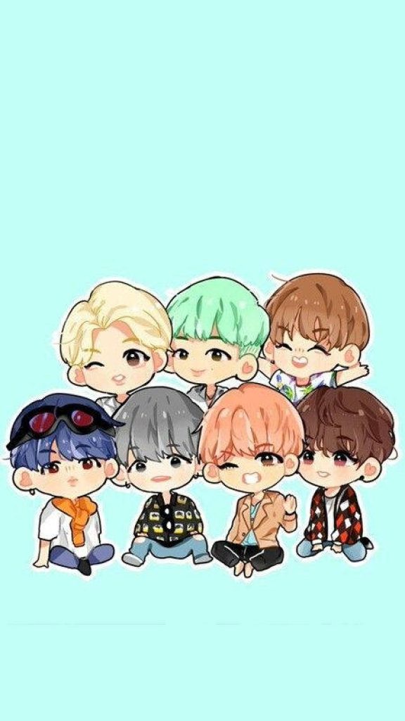 Cute BTS chibi wallpaper with all seven members in vibrant cartoon style on light blue background