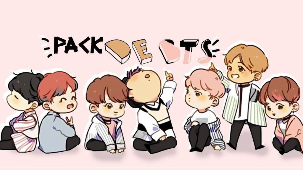 Adorable BTS chibi wallpaper with all seven members in pastel cartoon style and playful text