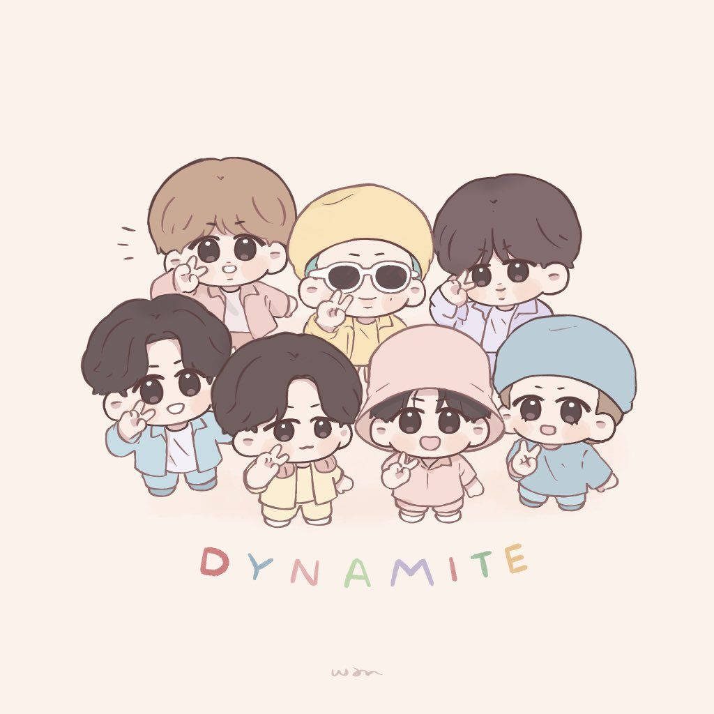 Cute BTS chibi wallpaper pastel Dynamite era retro outfits playful peace signs digital art