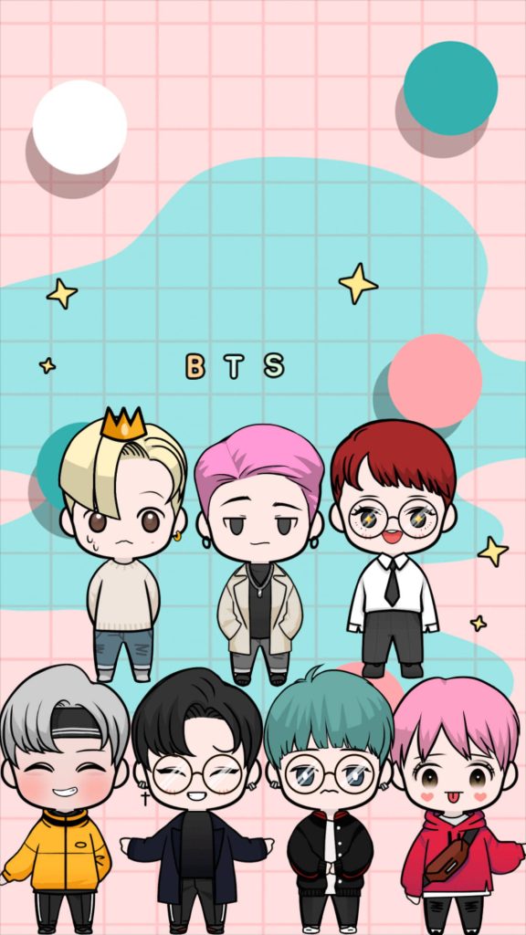 Cute BTS chibi cartoon lineup with pastel pink blue grid stars K-pop wallpaper background