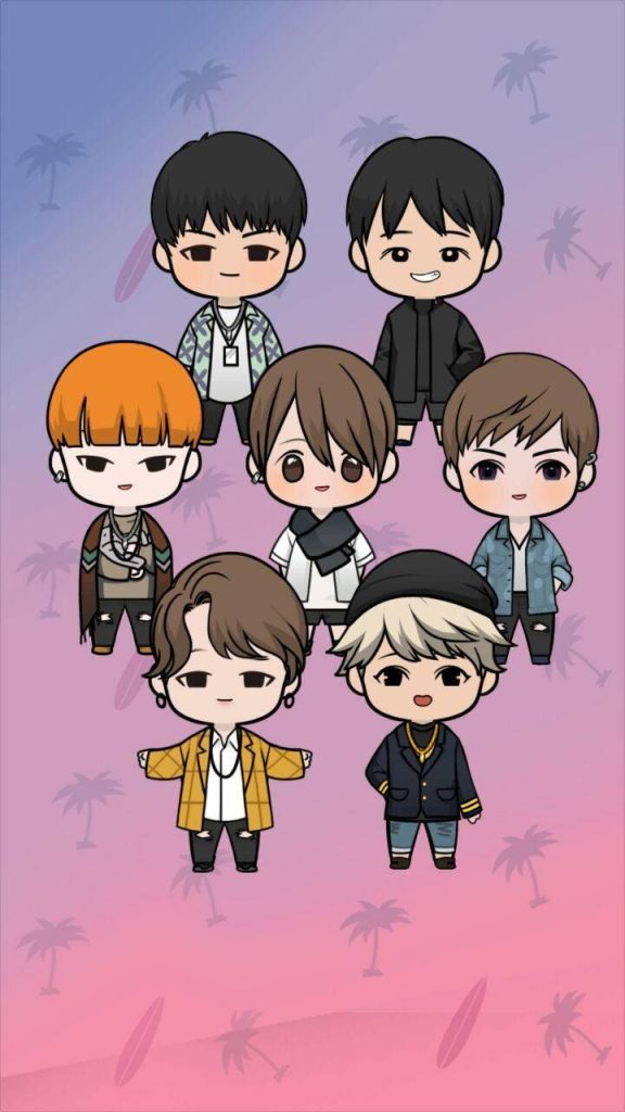 Chibi BTS cartoon wallpaper with all seven members on purple pink gradient background with palms