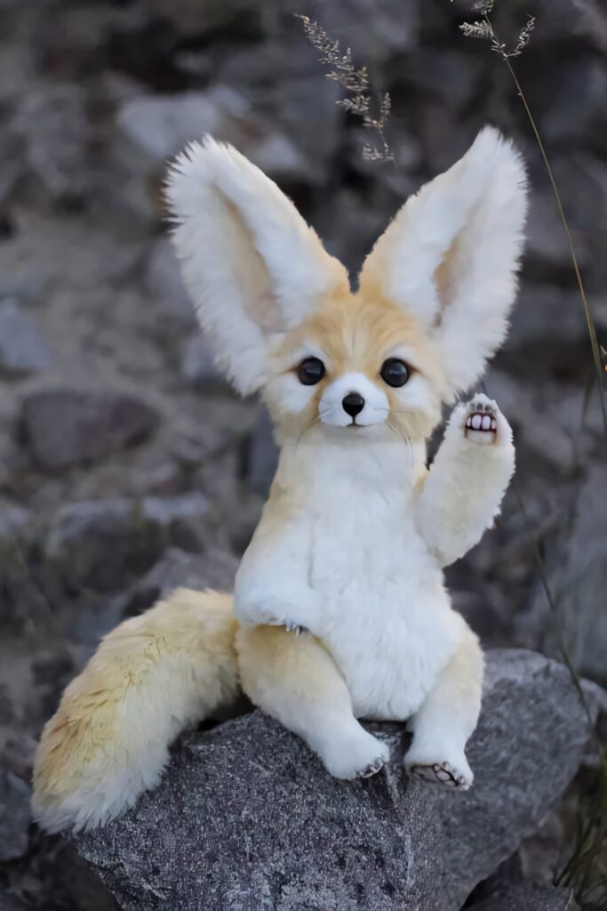 Adorable Baby Fox Plushie on Rock - Charming Nature Background Wallpaper