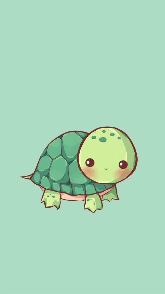 Cute baby turtle with green shell and blushing cheeks on soft mint green wallpaper background