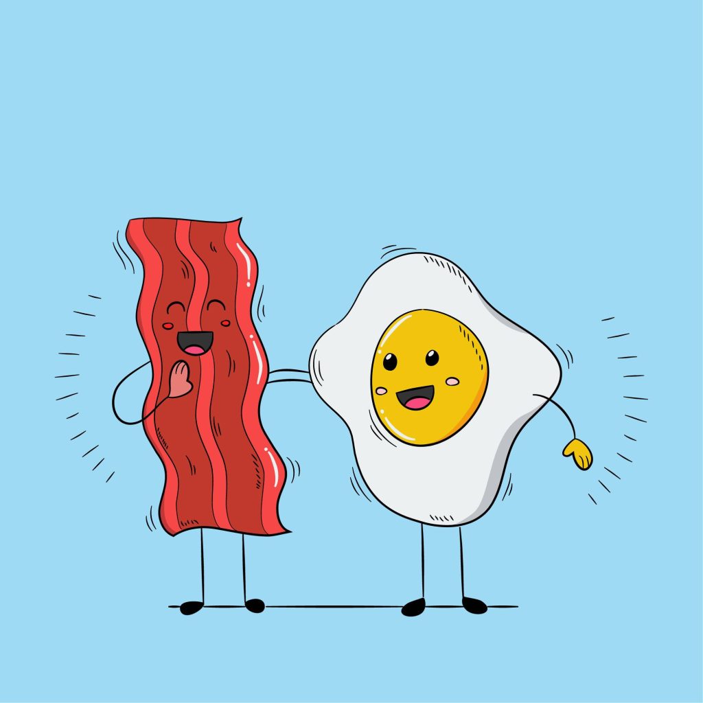 Cute bacon and egg cartoon bestie wallpaper on light blue background cheerful breakfast design