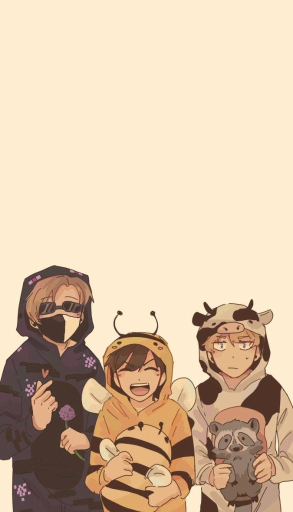 Cute digital anime wallpaper of Dream SMP Bench Trio in cozy animal hoodies and onesies