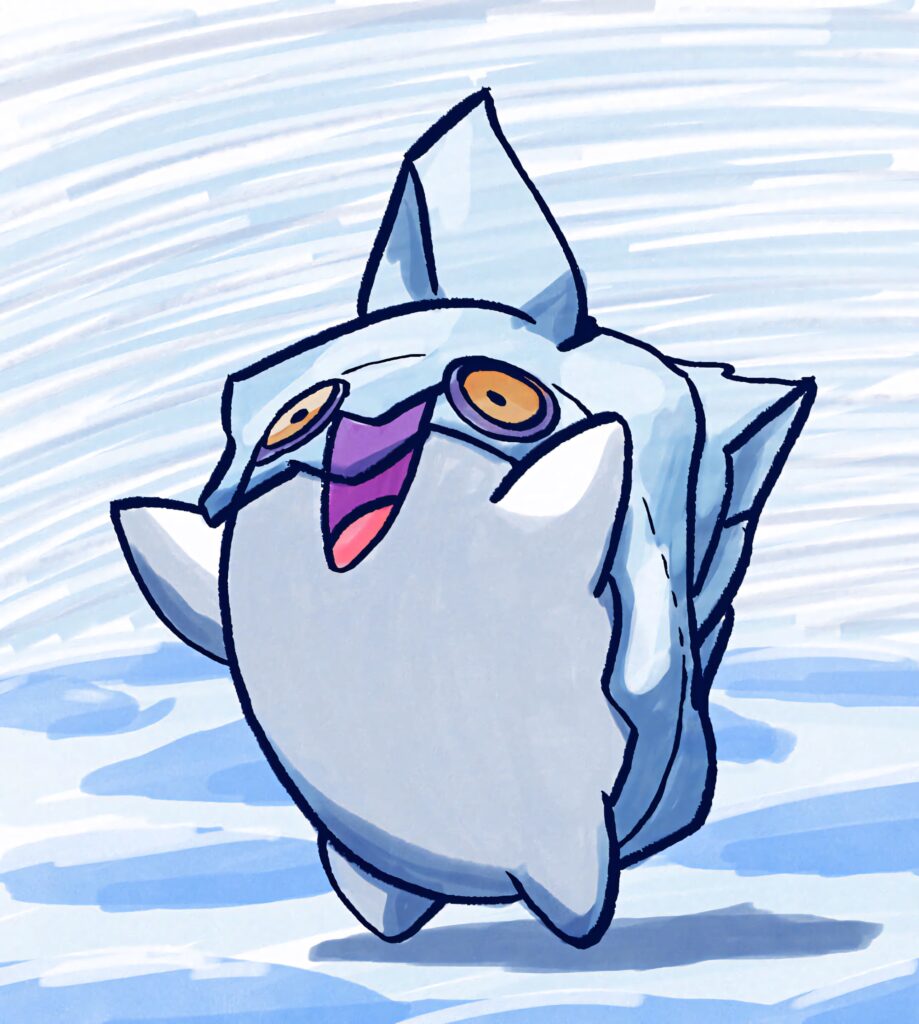 Cute standing Bergmite with wide eyes on icy blue winter background wallpaper design