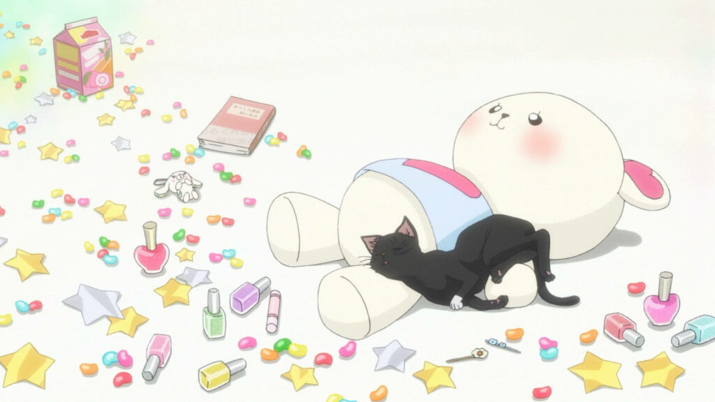 Black cat napping on plush bunny surrounded by colorful stars candies cute trinkets wallpaper