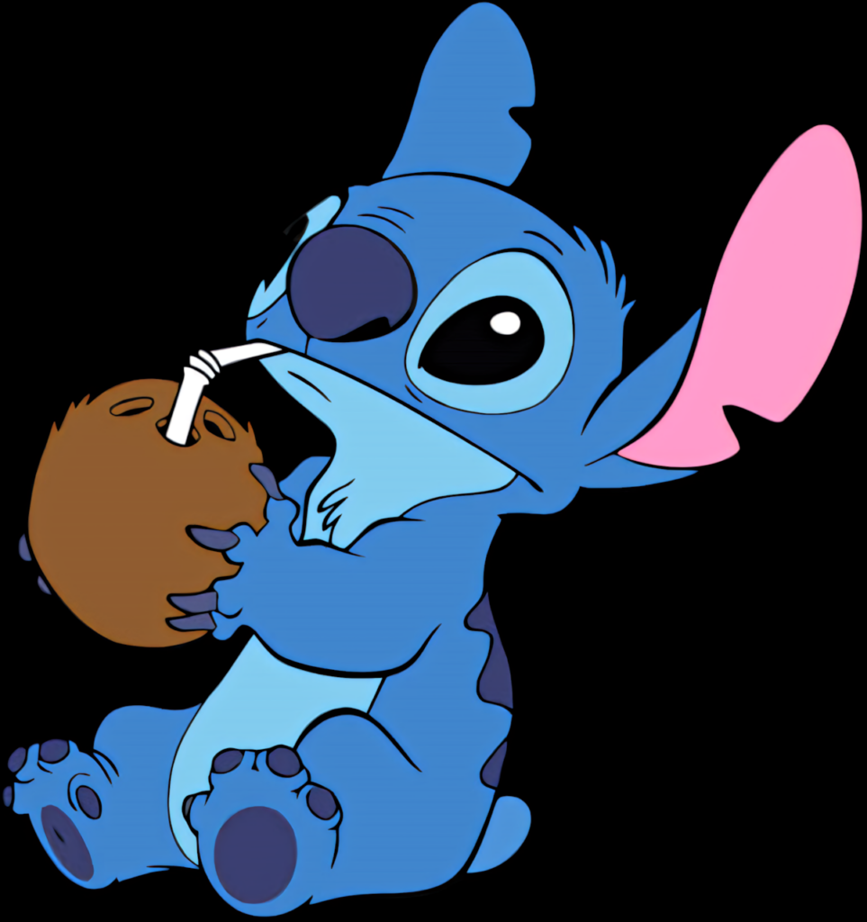 Playful Blue Character Enjoys Coconut Drink in Whimsical Scene Wallpaper