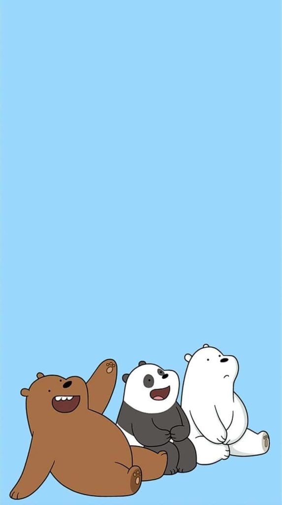 Cute blue iPhone lock screen wallpaper with We Bare Bears Grizzly Panda Ice Bear on light blue background