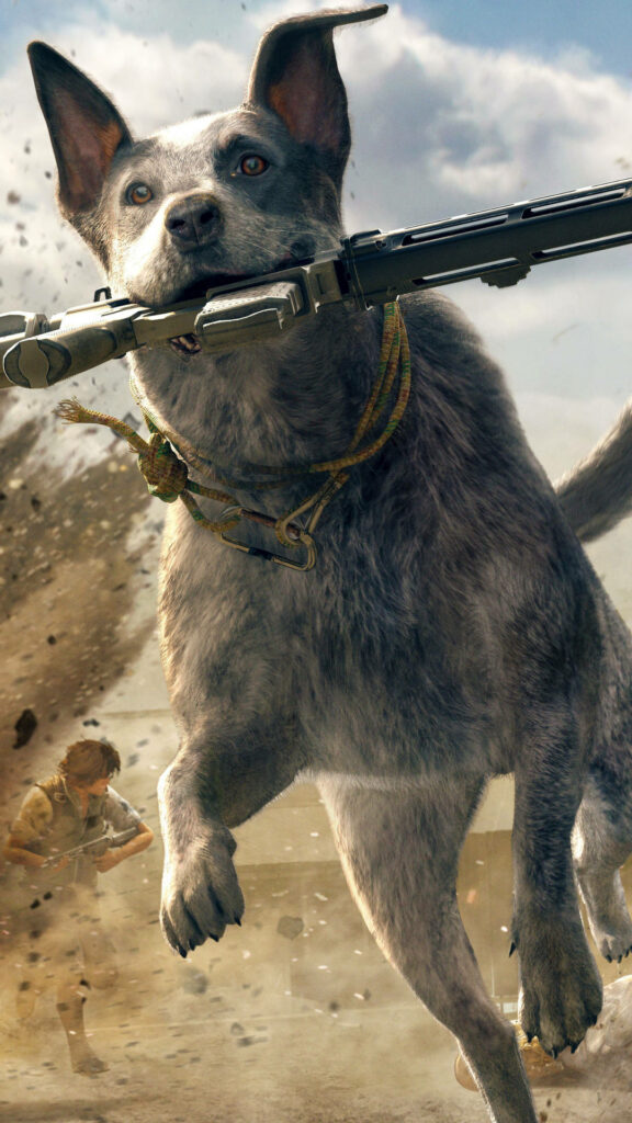 Boomer's Armed Adventure: Far Cry 5-inspired iPhone Wallpaper featuring a Playful Canine with a Weapon