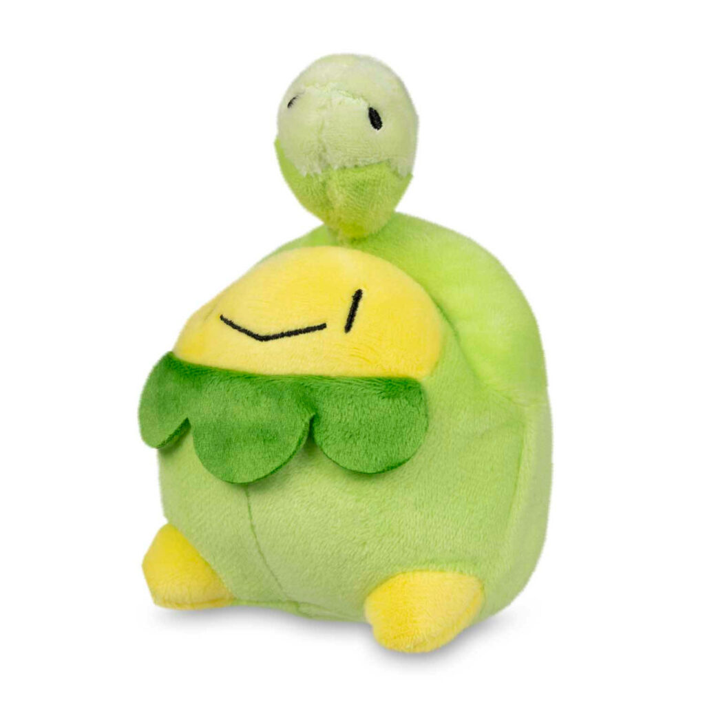 Budew plush doll side view soft green yellow colors cheerful playful Pokémon wallpaper background