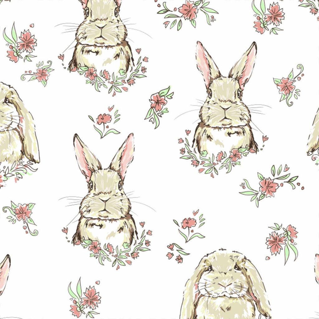 Seamless wallpaper with cute bunnies and pink flowers on white for charming spring decor