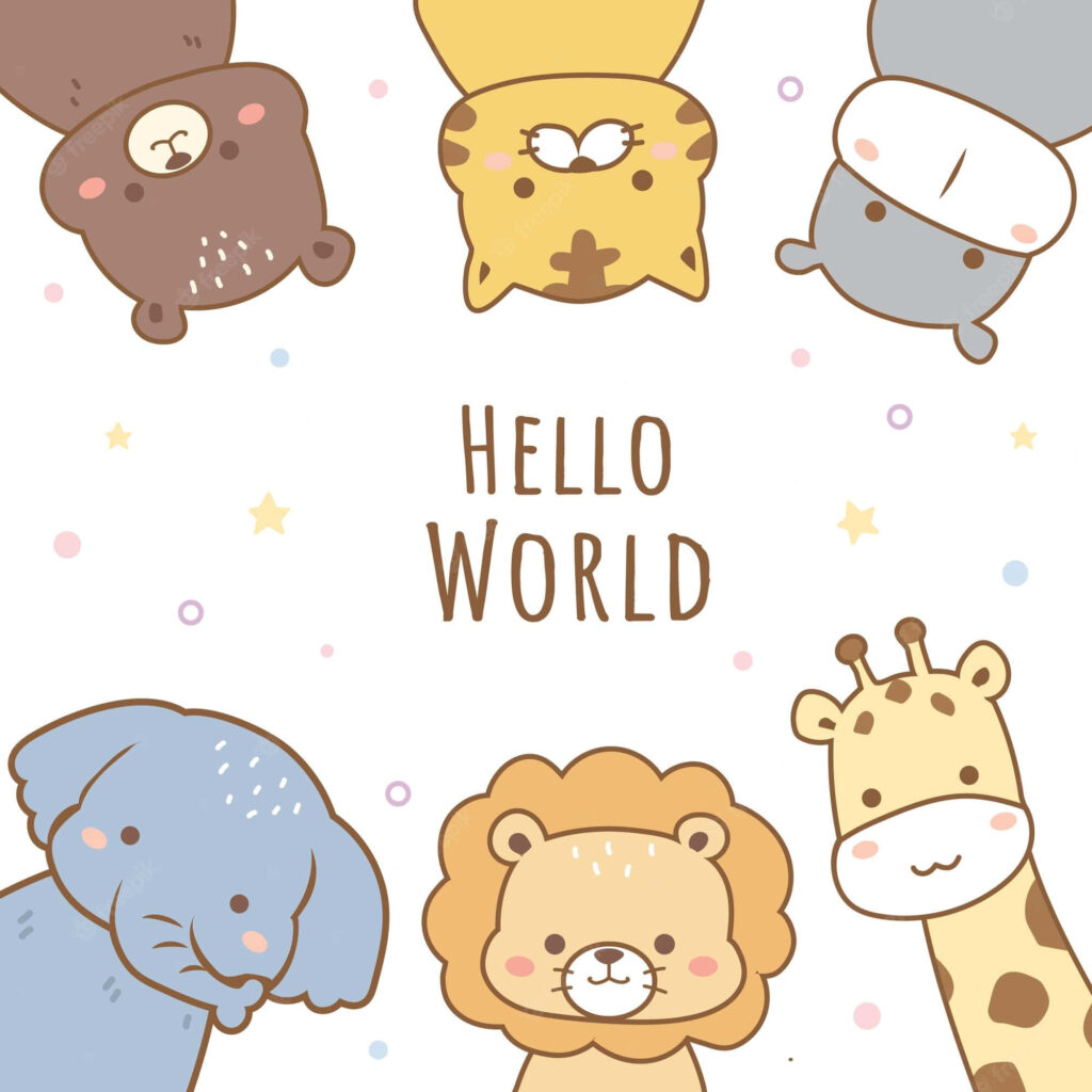 Charming Cartoon Animal Wallpaper: Hello World in Pastel Colors