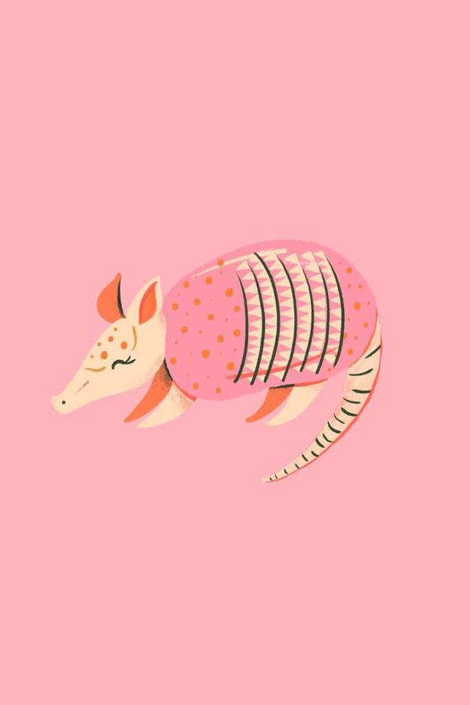Cartoon armadillo with pink patterned shell on soft pink background playful wallpaper design