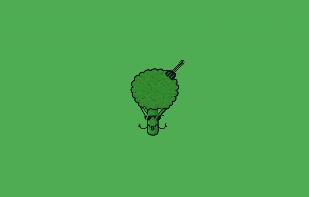 Cute cartoon broccoli holding fork on vibrant green background food wallpaper design