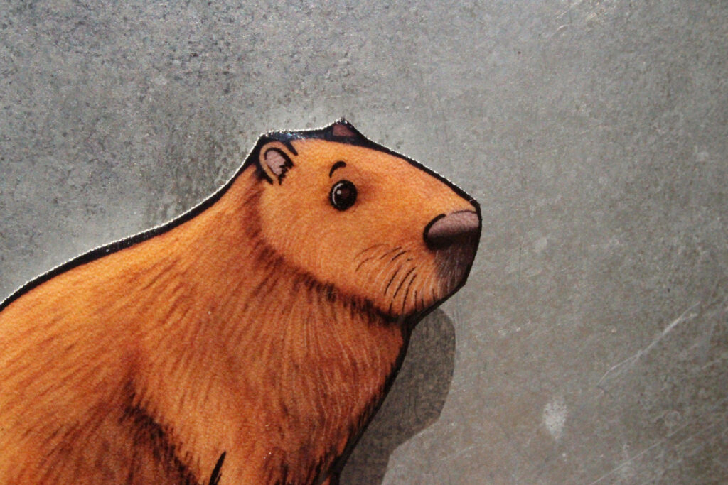 Cartoon capybara magnet on smooth metallic background warm brown tones whimsical wallpaper