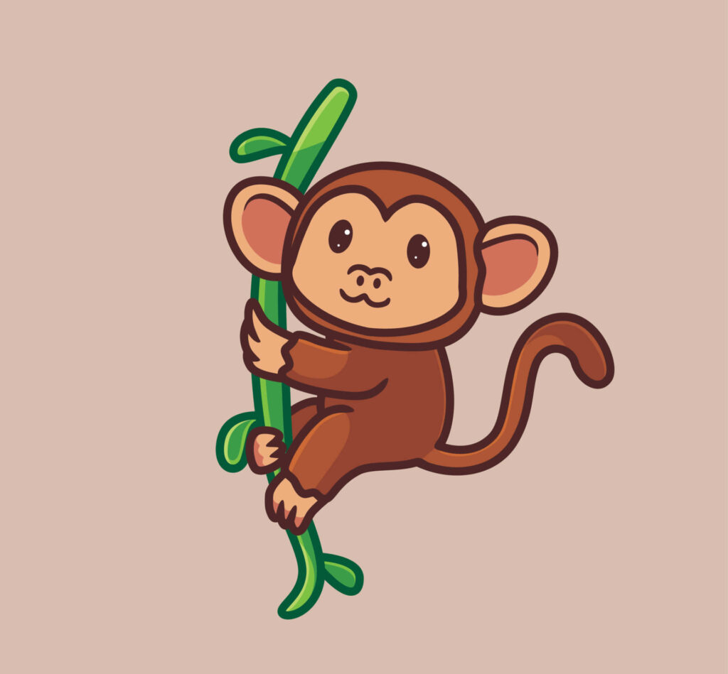 Playful Cartoon Monkey Clinging to Green Vine on Beige Background Wallpaper