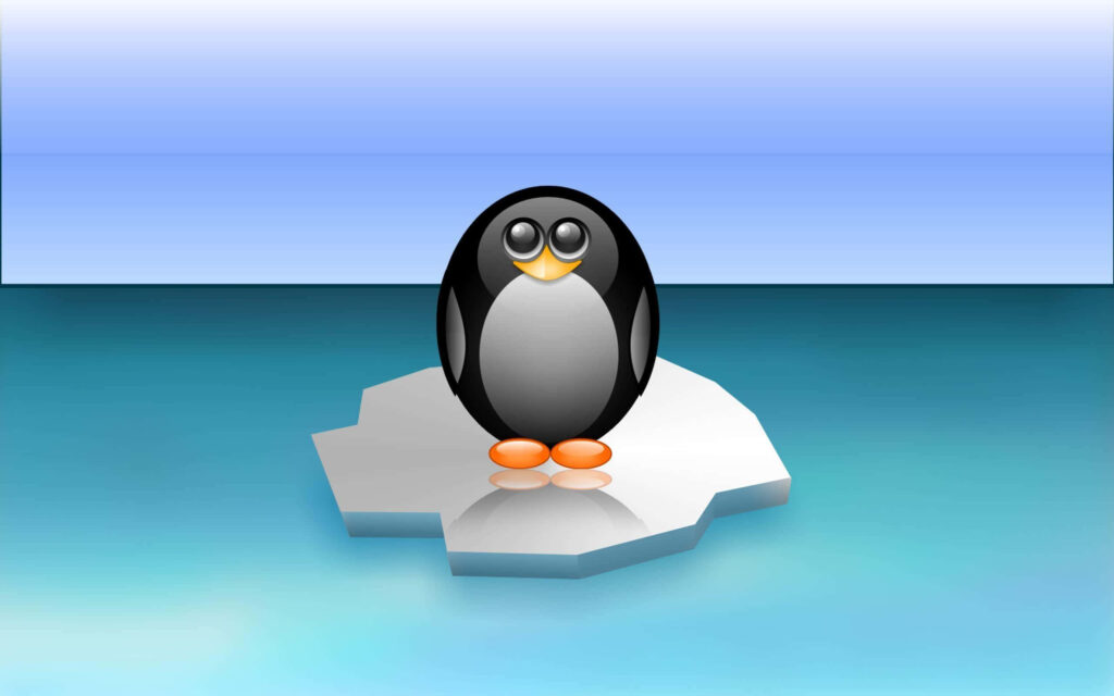 Adorable Cartoon Penguin Wallpaper on Ice Floe with Blue Sky Background