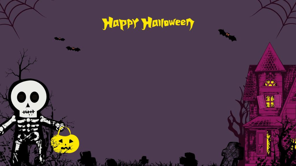 Halloween Zoom background with cartoon skeleton holding jack-o-lantern by spooky castle Wallpaper