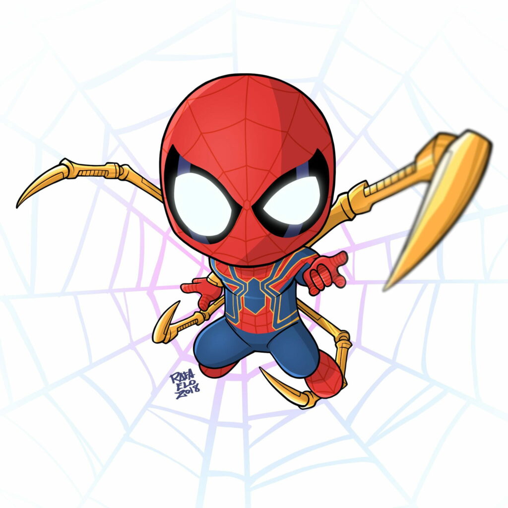 Cute cartoon Spider-Man in red-blue suit swinging with gold mechanical web legs HD wallpaper