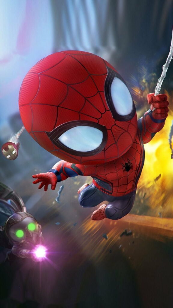 Cute cartoon Spider-Man swinging through vibrant cityscape HD wallpaper background.