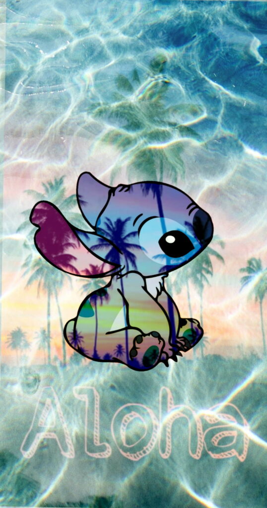 Cute Cartoon Stitch Enjoys the Calming Ocean Breeze in HD Beach Background Wallpaper