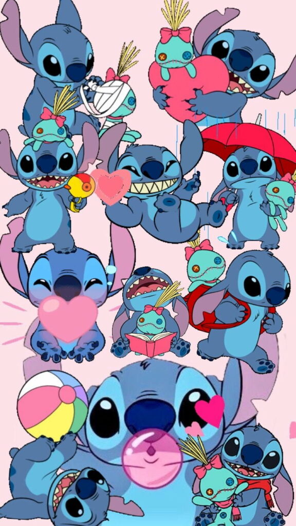 Cute Cartoon Stitch in Love: Vibrant HD Phone Wallpaper Background