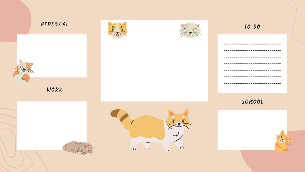 Cute cat desktop organizer wallpaper with pastel tones and categorized task sections for decluttering