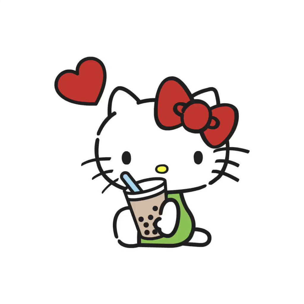 Charming Character with Red Bow & Milk Tea on White Wallpaper