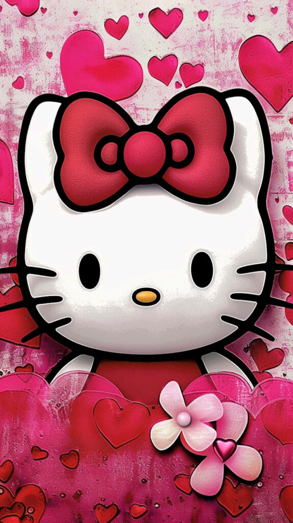 Charming Wallpaper: Cute Character with Red Bow & Heart Background