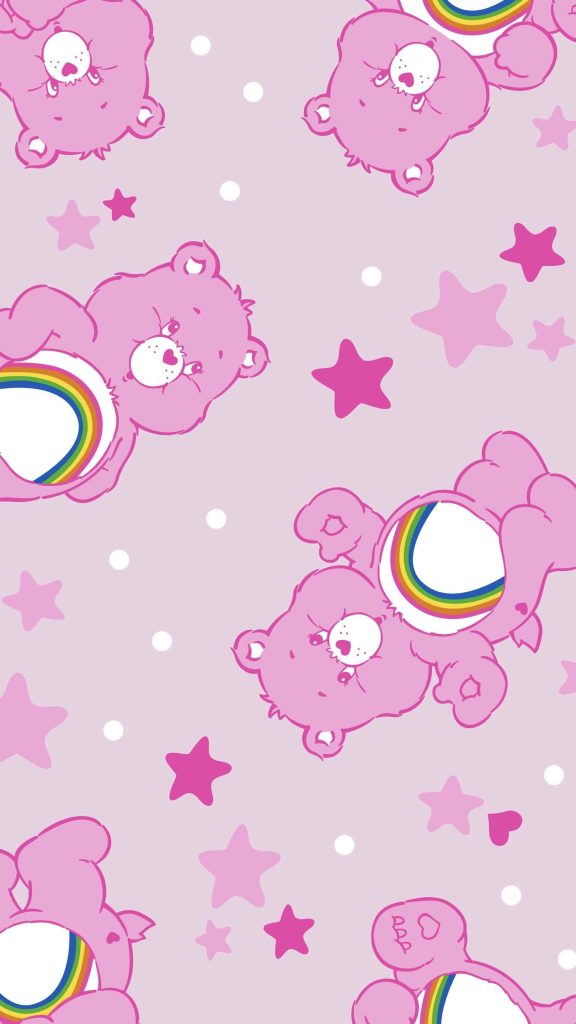 Cute Cheer Bear wallpaper with pink rainbow belly pattern on soft pink starry background