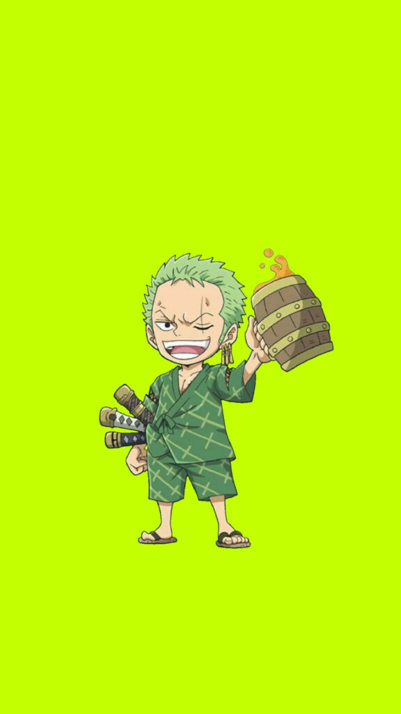 Chibi Character with Swords on Bright Green Background Wallpaper