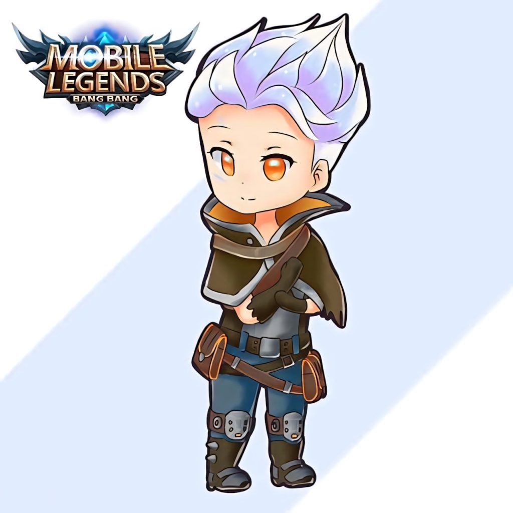 Chibi Claude Mobile Legends hero with white hair and adventurer gear wallpaper background