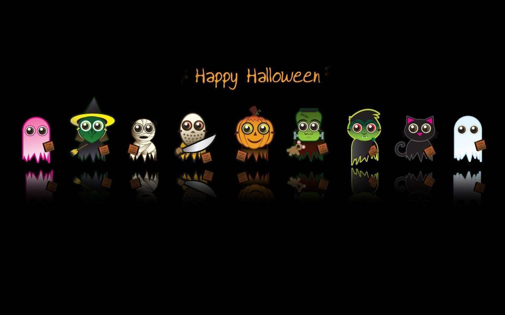 Chibi Halloween wallpaper with Jason Voorhees Frankenstein witch and ghosts dark background