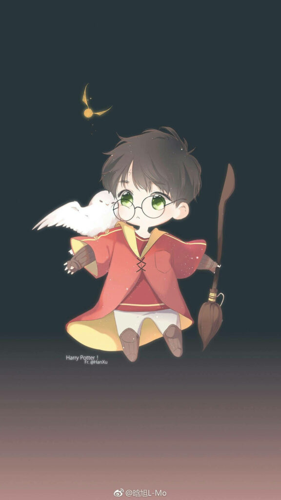 Chibi Harry Potter with Gryffindor Robe, Broom, Owl, and Golden Snitch – Adorable Wizarding World Delight! Wallpaper