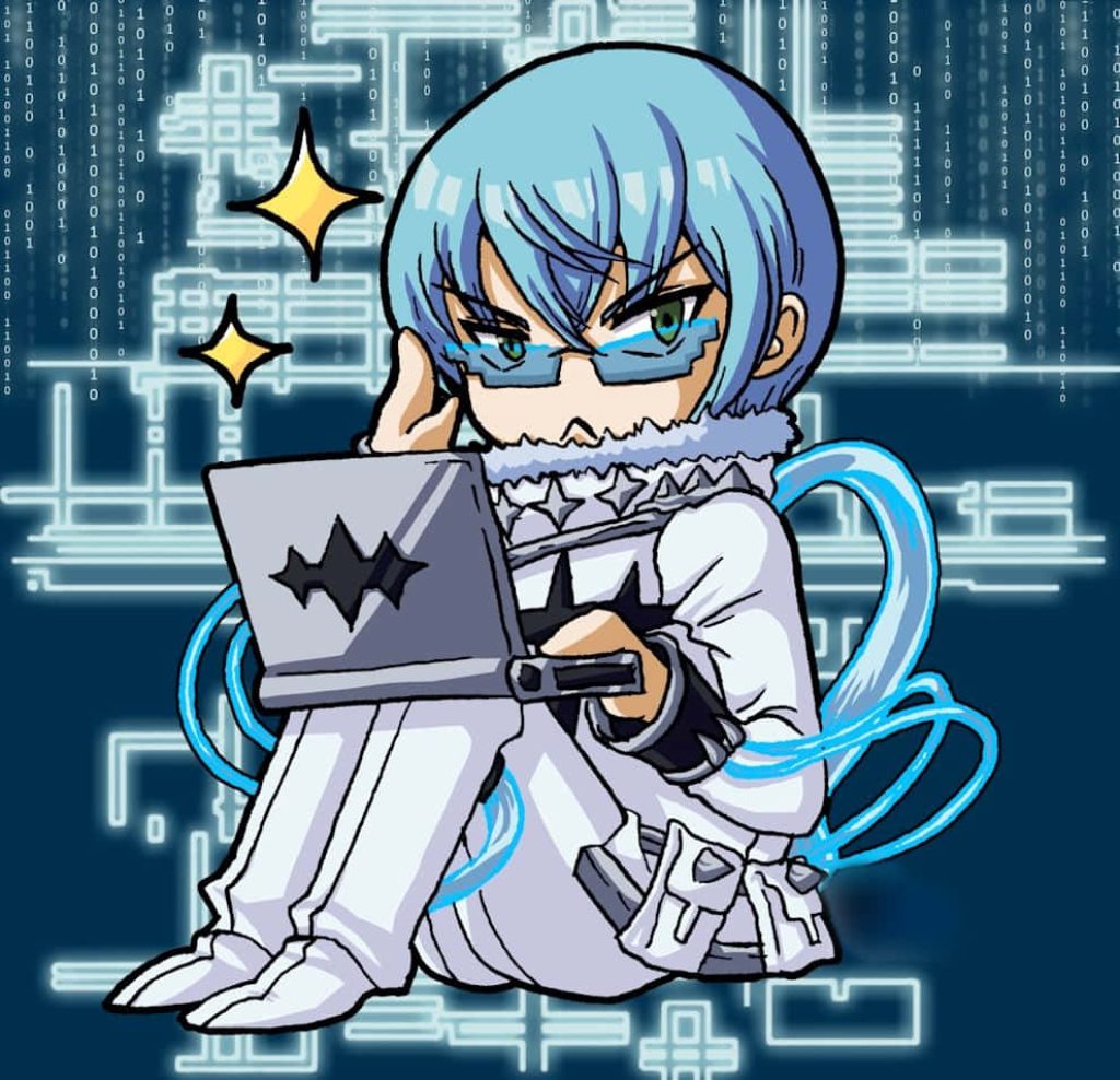 Chibi Hōka Inumuta from Kill la Kill in white uniform coding on laptop digital background Wallpaper
